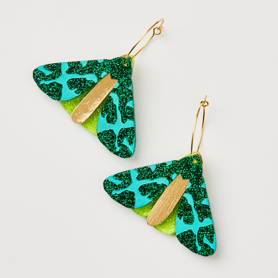 Martha Jean Glitter Green Moth Earrings