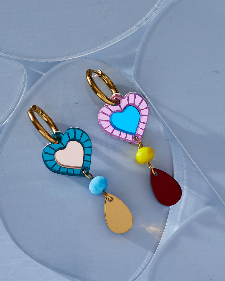 Heart and Bead Earrings - Rainbow