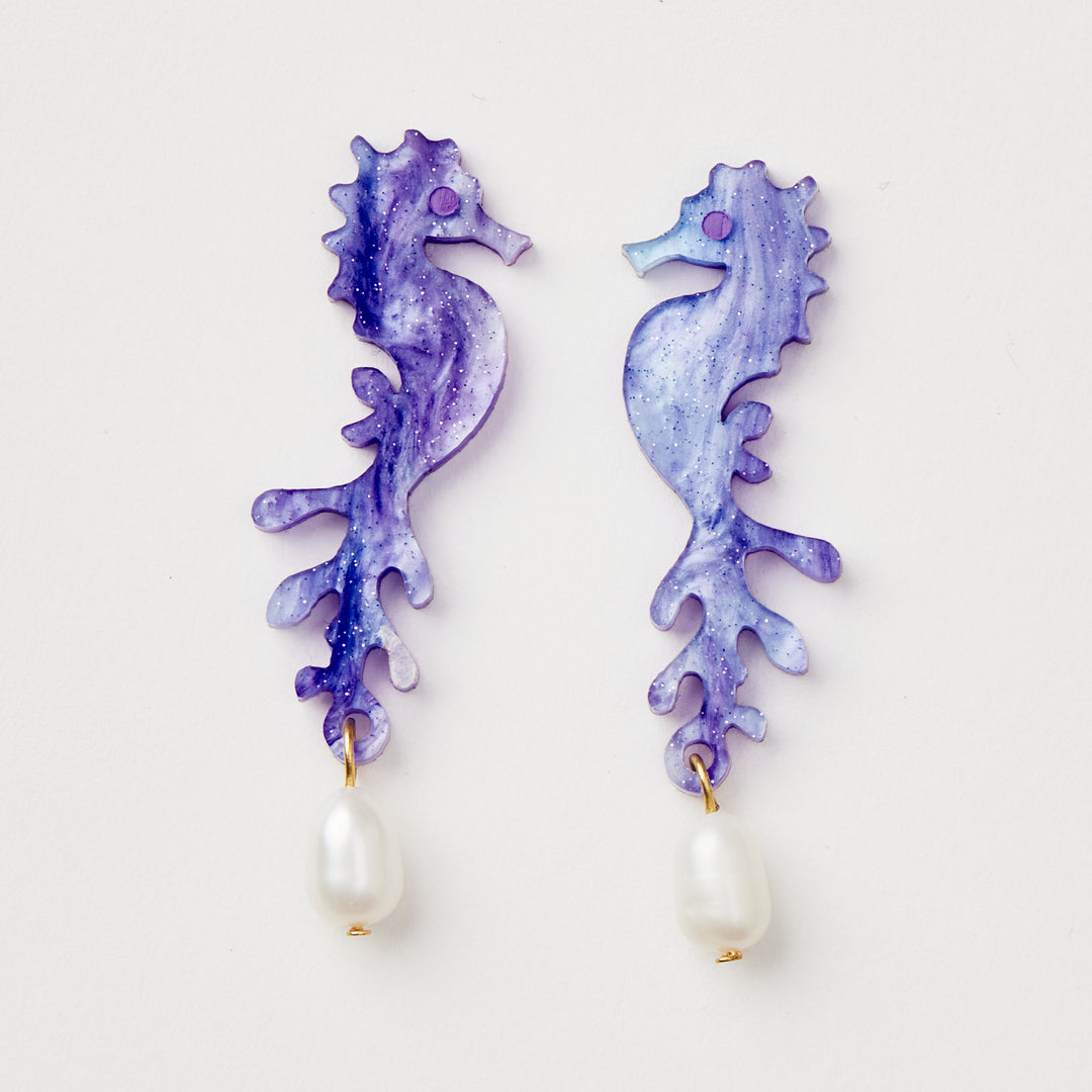 Sea Horse and Pearl earrings in Purple