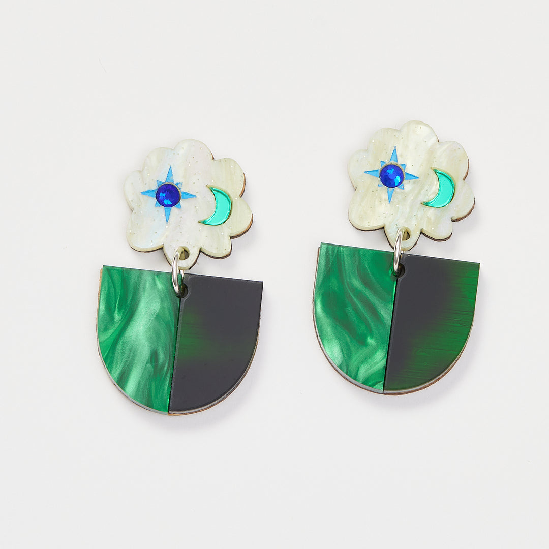 Green Earrings. with sun and star details in a cloud shape at the top and colour block half moon shape at the bottom