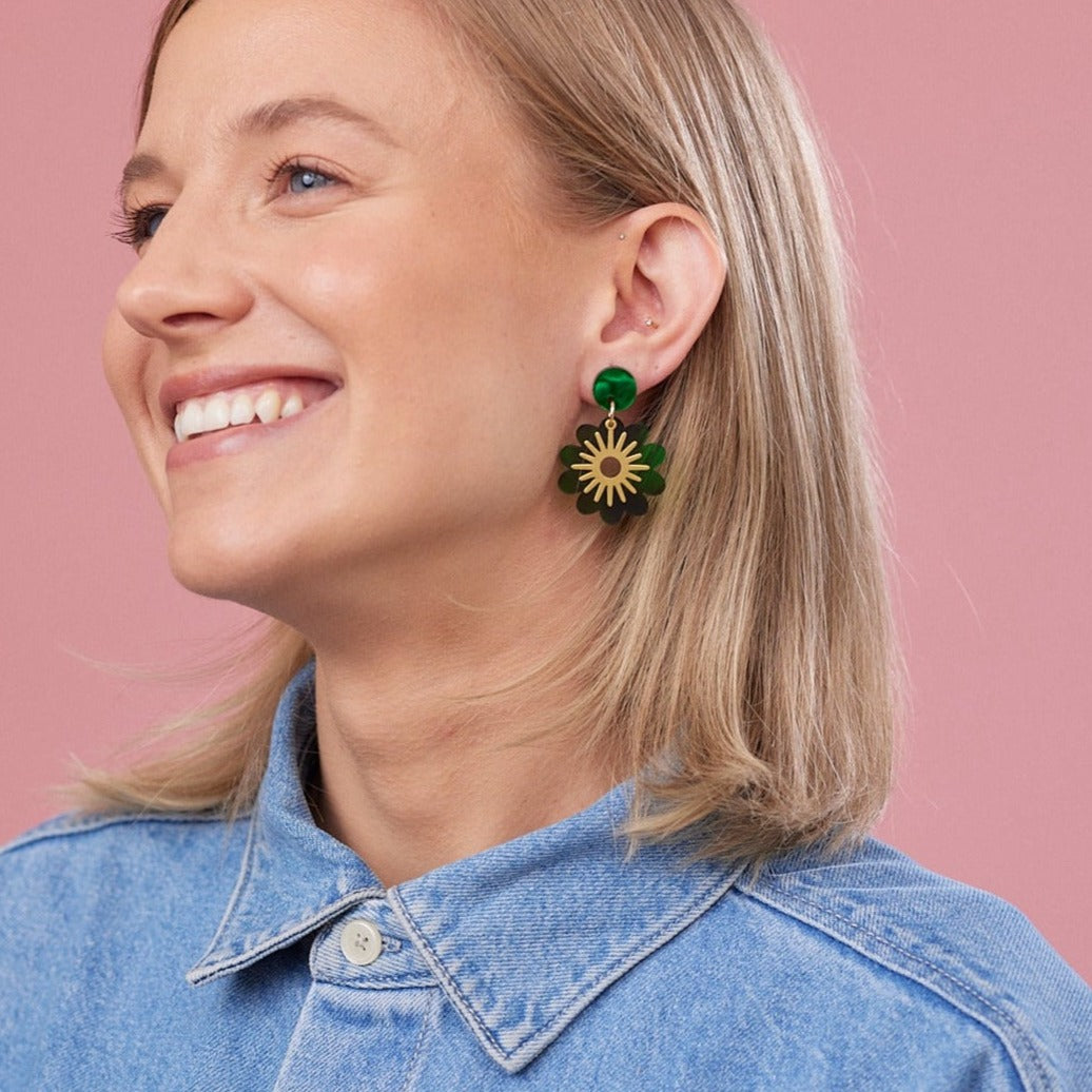 Doris Flower Earrings - Tortoise Green