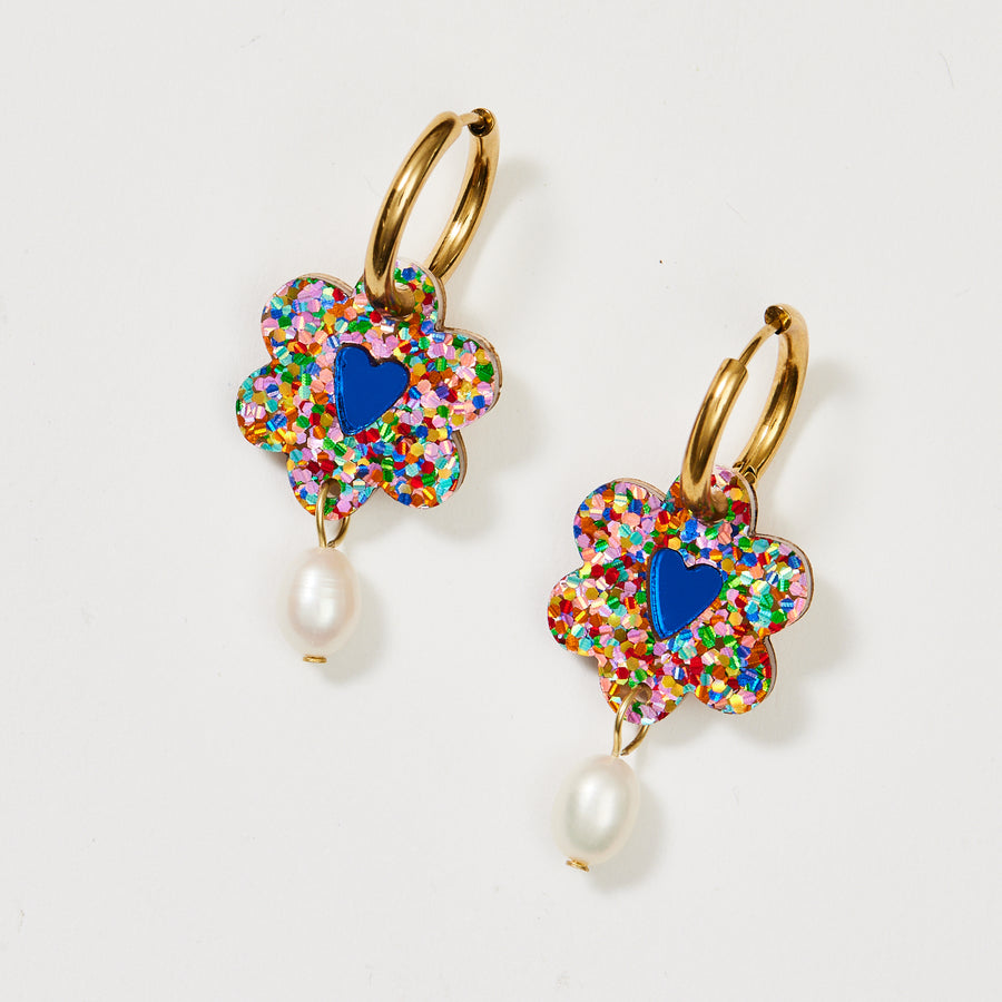 Earrings Heart Flower + Pearl Blue Mermaid - Martha Jean
