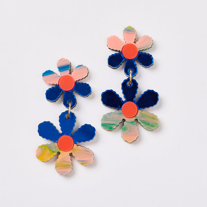 Twin Daisy Chain Earrings - Blue / Peach Watercolour