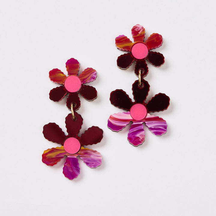 Twin Daisy Chain Earrings - Magenta Watercolour