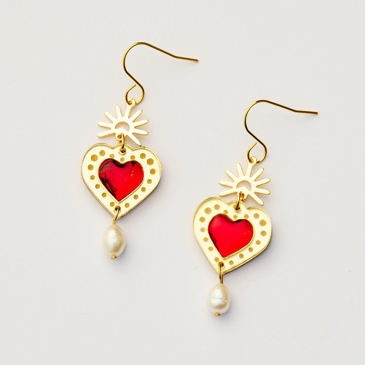 Sacred Heart Earrings - Gold / Red