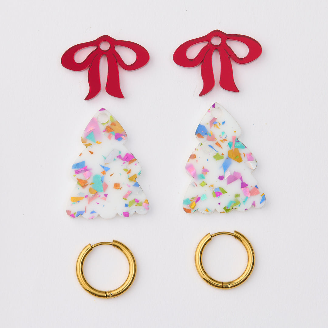 Puffy WHITE Christmas Tree Earrings with RED bow
