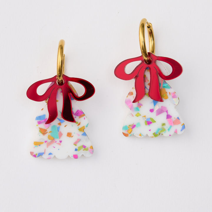 Puffy WHITE Christmas Tree Earrings with RED bow