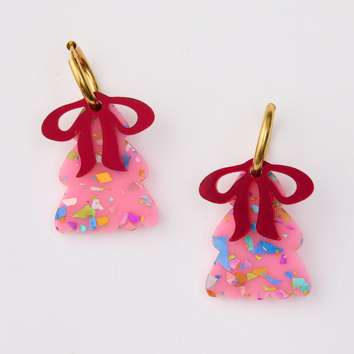 Puffy PINK Christmas Tree Earrings with RED bow