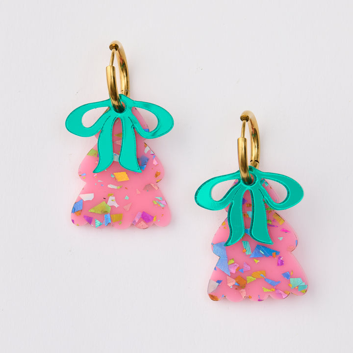Puffy PINK Christmas Tree Earrings - with GREEN bow