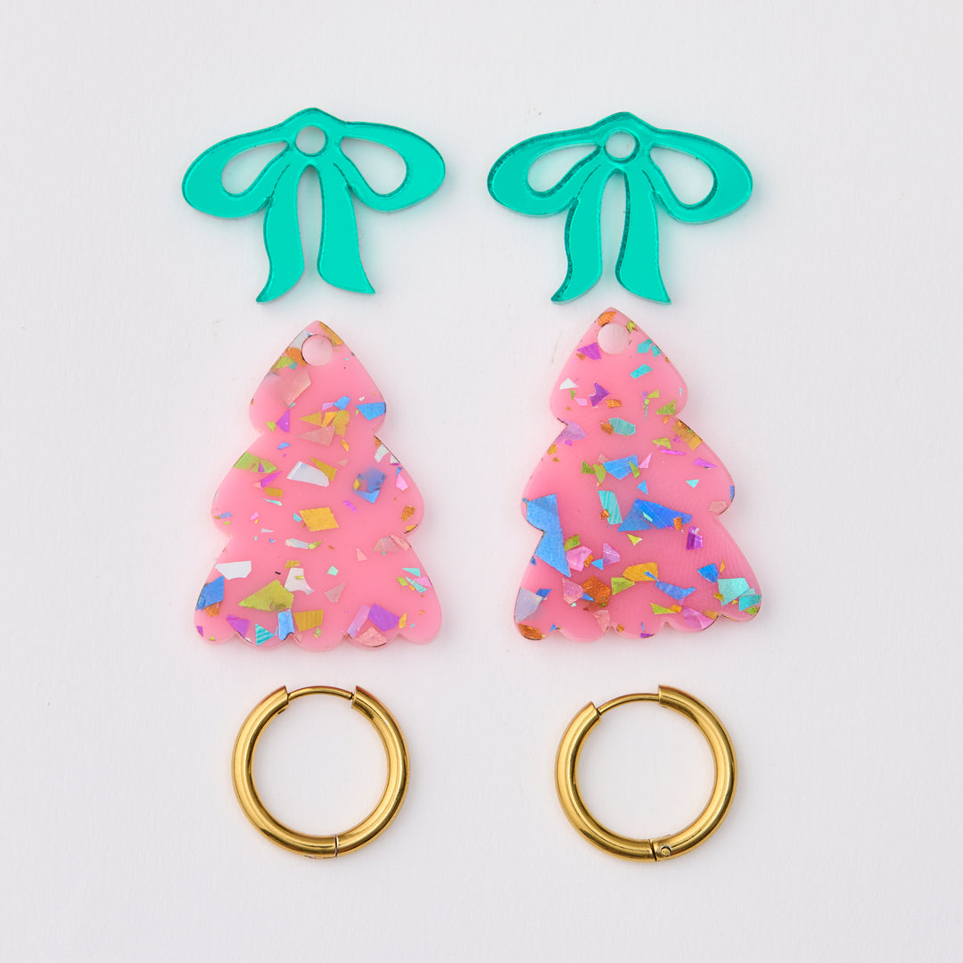 Puffy PINK Christmas Tree Earrings - with GREEN bow