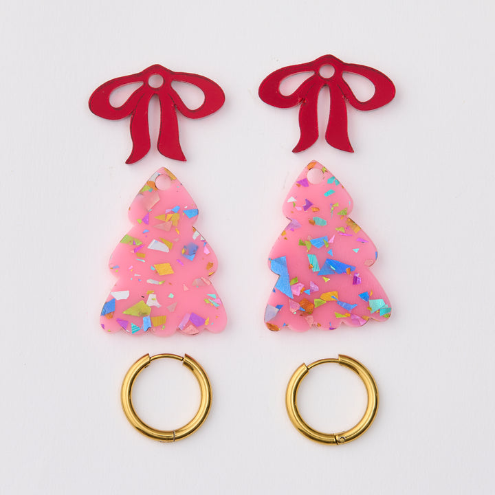 Puffy PINK Christmas Tree Earrings with RED bow