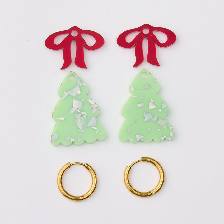 Puffy Green Christmas Tree Earrings With Red Bow