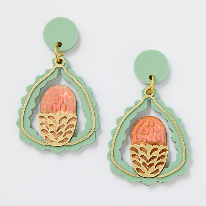 Banksia Earrings - Peach/Green
