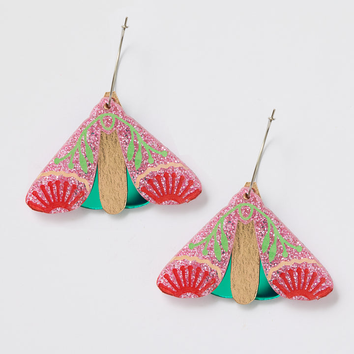Moth Wattle Earrings - Pink Sparkle/Green