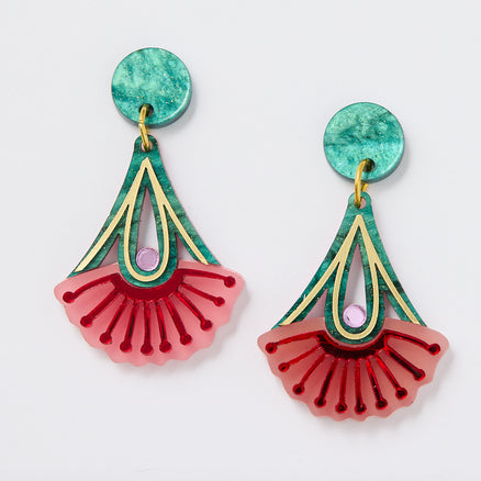 Silver Princess Drop Earrings - Pink/Green