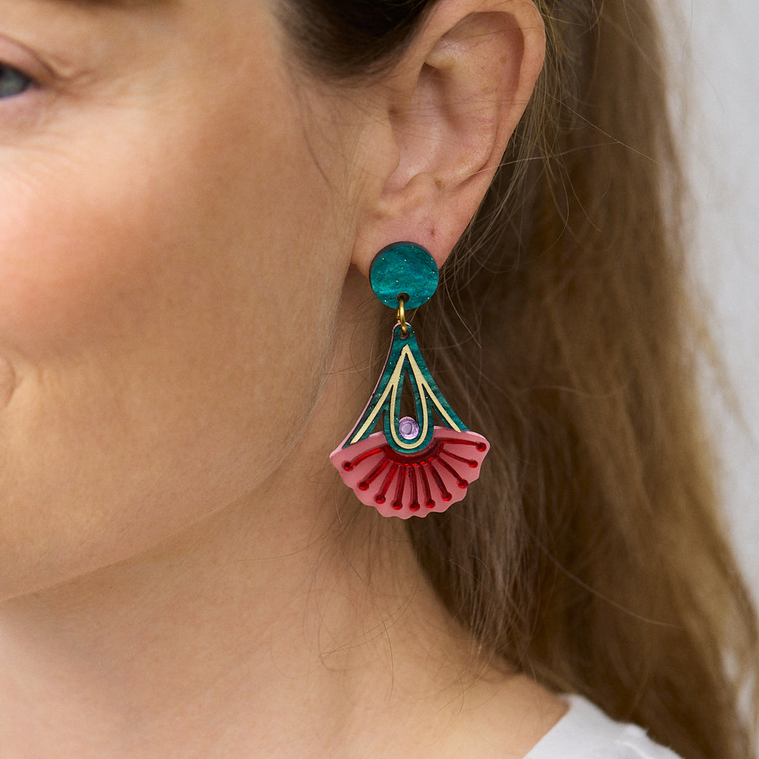 Silver Princess Drop Earrings - Pink/Green