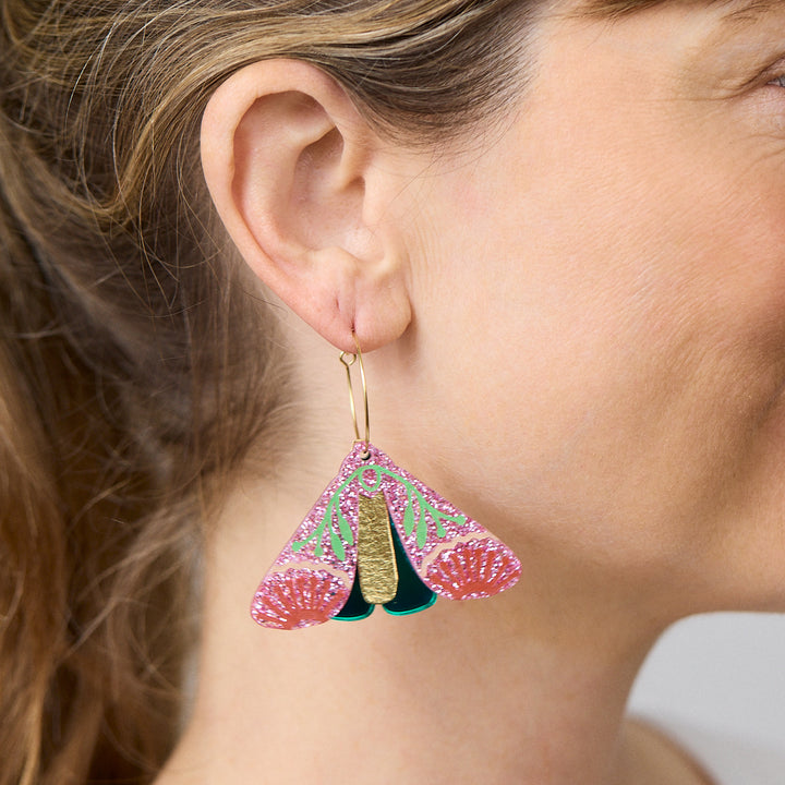 Moth Wattle Earrings - Pink Sparkle/Green
