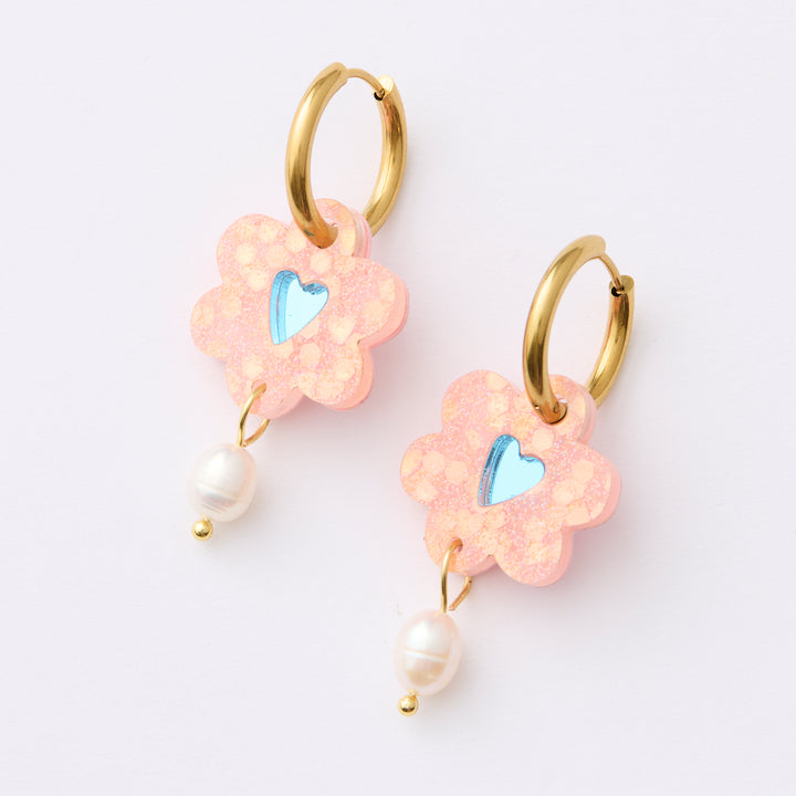 Heart Flower Earrings - Melon/blue