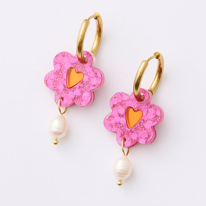 Heart Flower Earrings - Pink/Orange