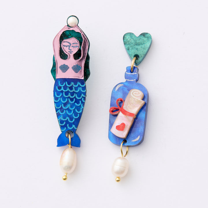 Mermaid + Message in a Bottle Earrings - Blue