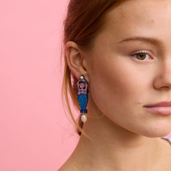 Mermaid + Message in a Bottle Earrings - Blue