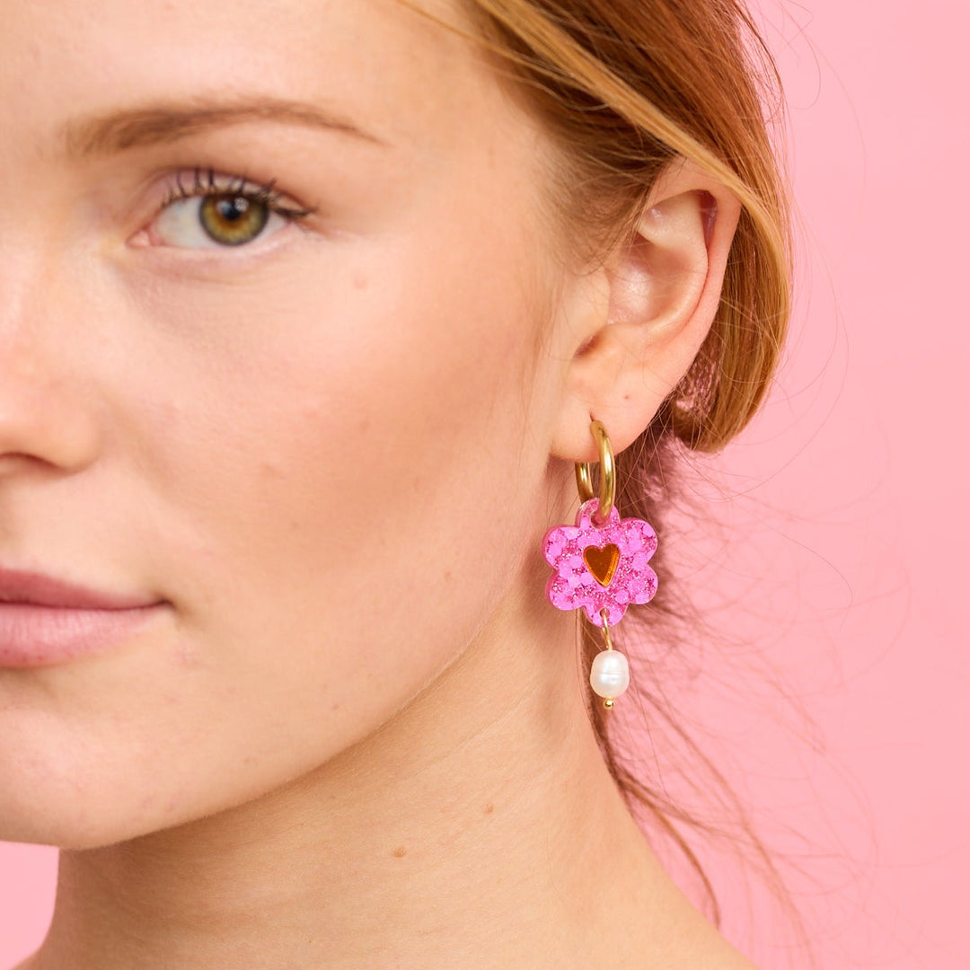 Heart Flower Earrings - Pink/Orange