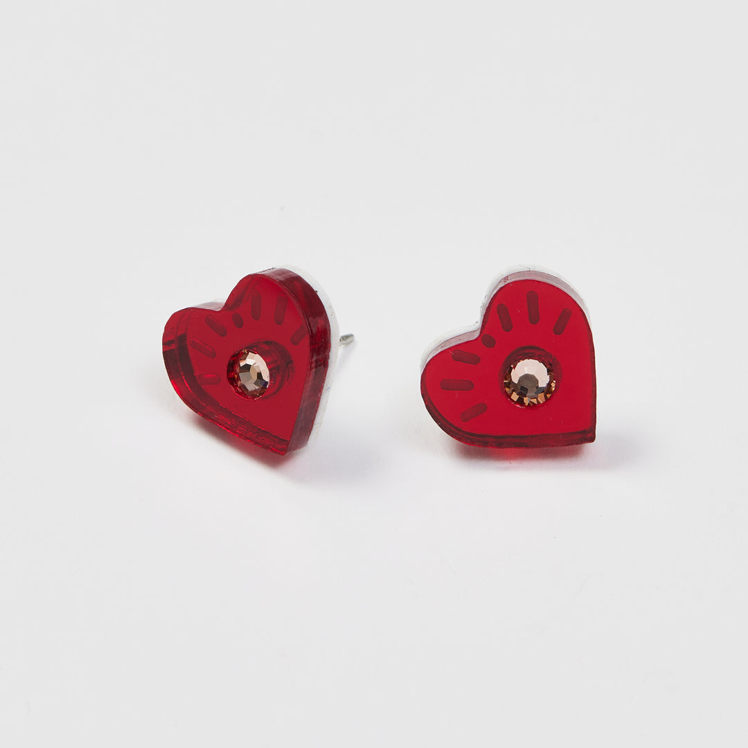 Red Heart Studs with rose crystal center