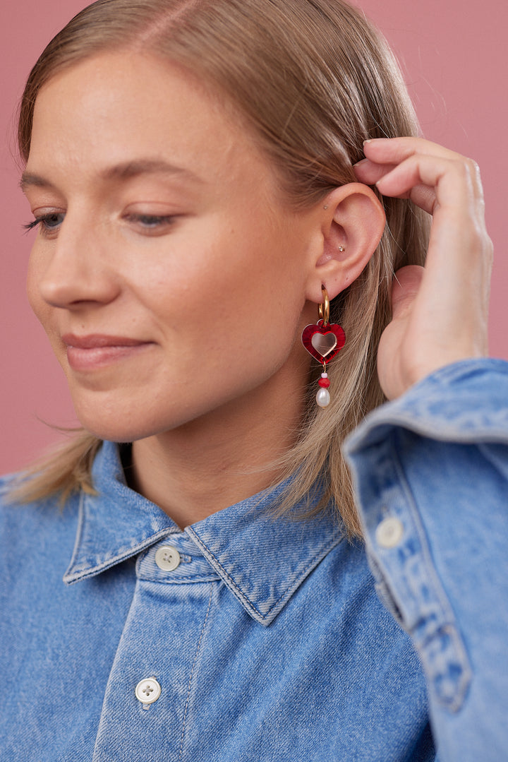 Heart and Bead Earrings - Red/Rose