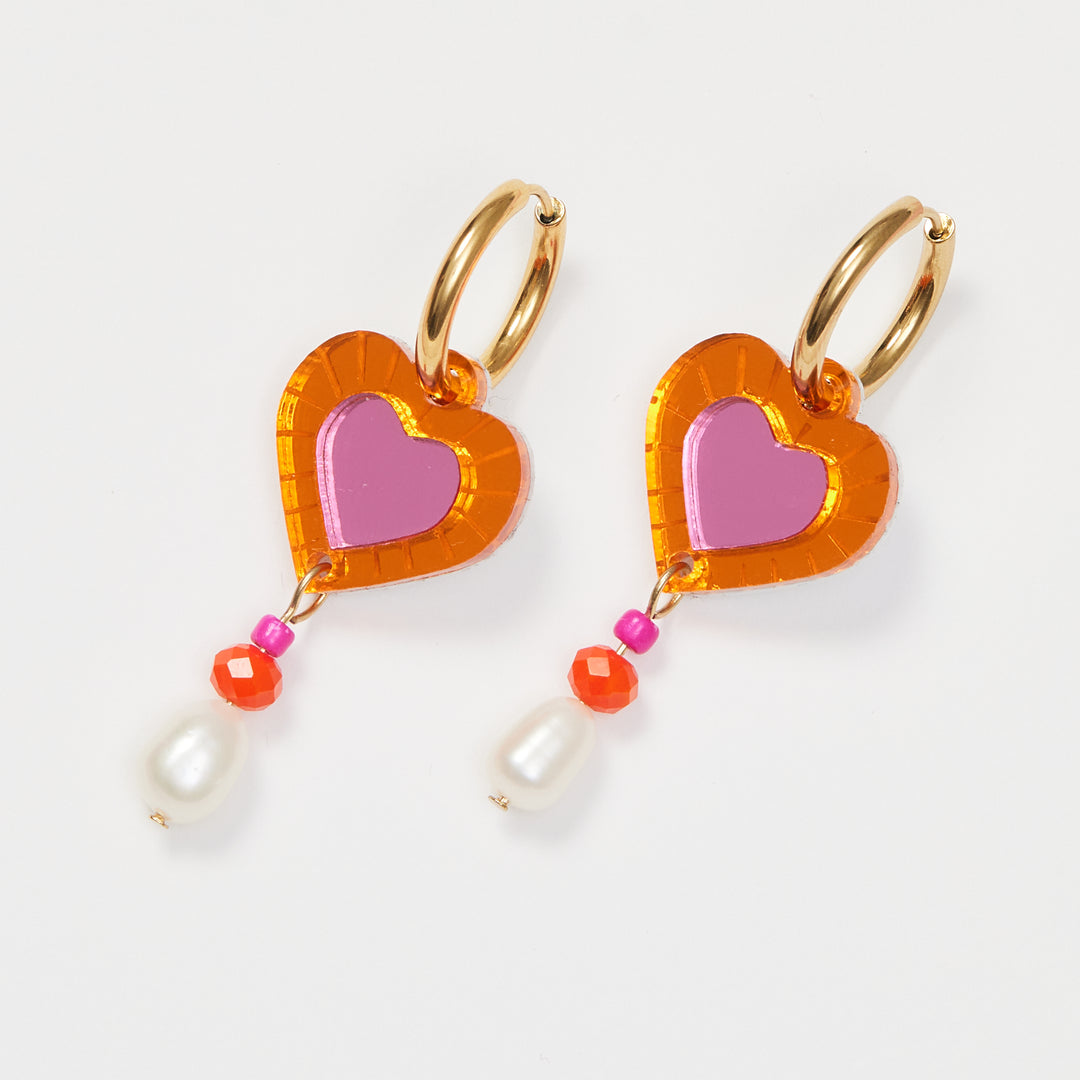 Heart and Bead Earrings - Pink/Orange