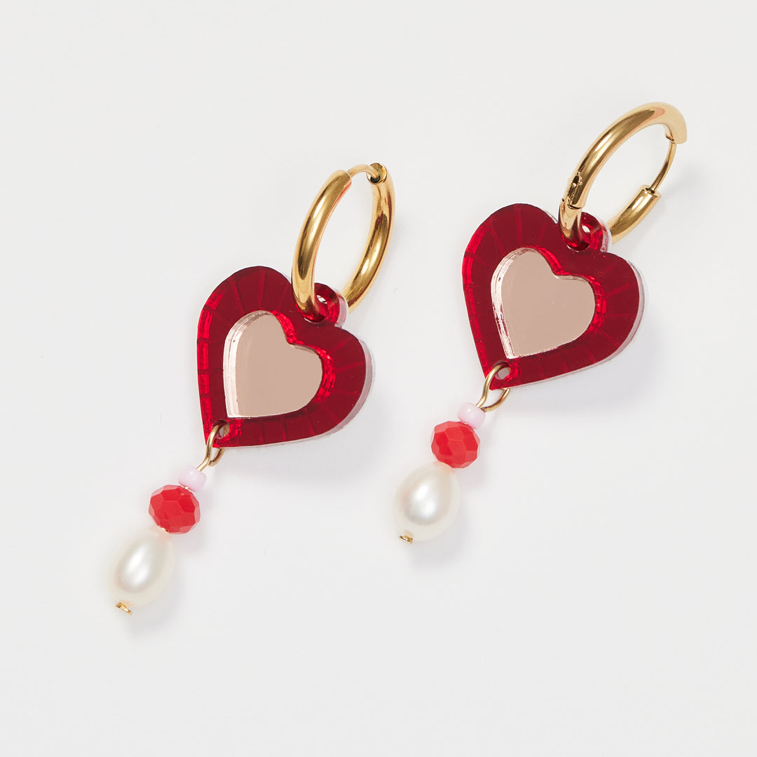 Heart and Bead Earrings - Red/Rose