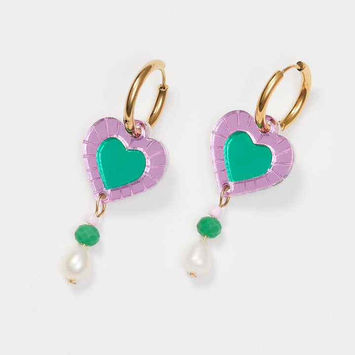 Heart and Bead Earrings - Violet/ Kelly Green