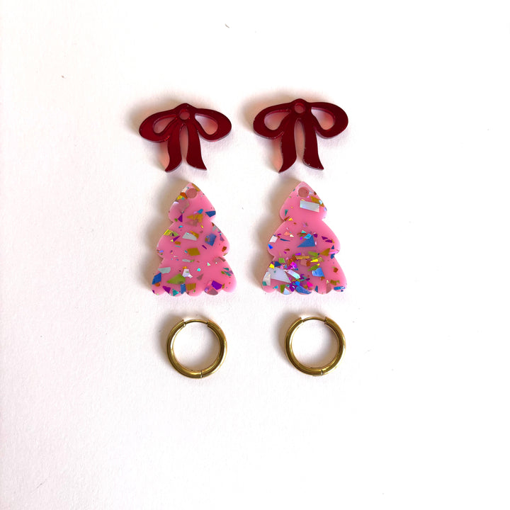 Puffy PINK Christmas Tree Earrings with RED bow