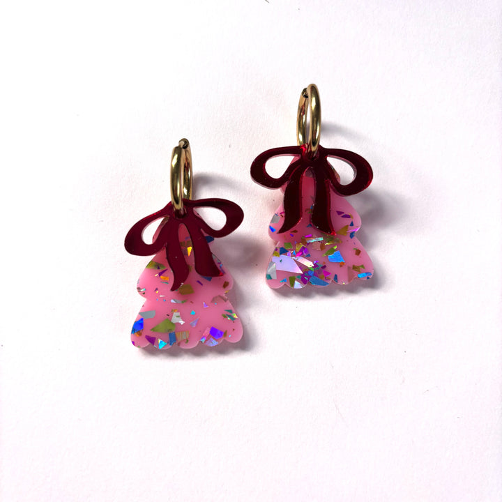 Puffy PINK Christmas Tree Earrings with RED bow