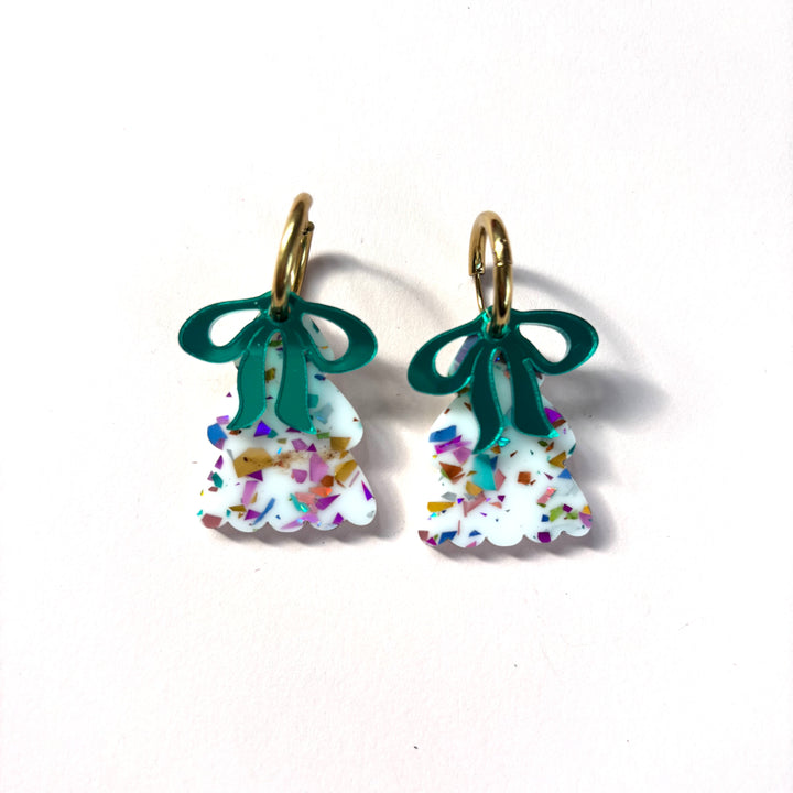 Puffy WHITE Christmas Tree Earrings with GREEN bow