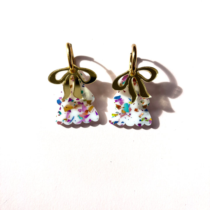 Puffy WHITE Christmas Tree Earrings with GOLD bow