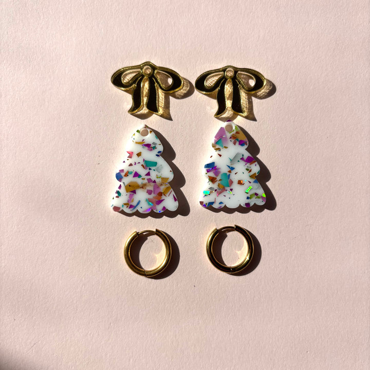 Puffy WHITE Christmas Tree Earrings with GOLD bow