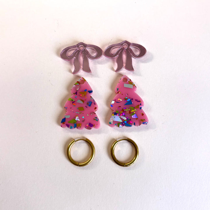 Puffy PINK Christmas Tree Earrings - with PINK bow