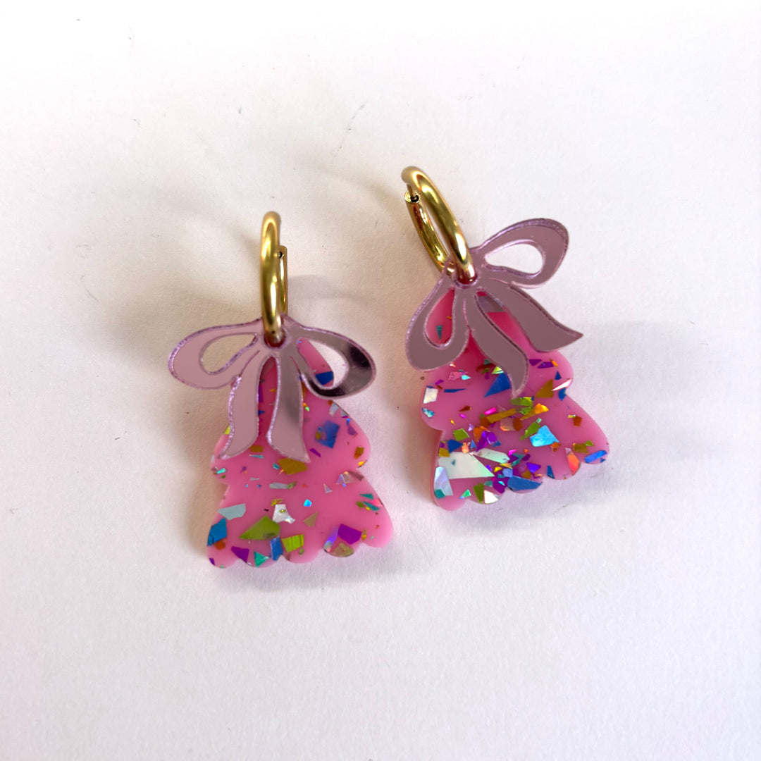 Puffy PINK Christmas Tree Earrings - with PINK bow