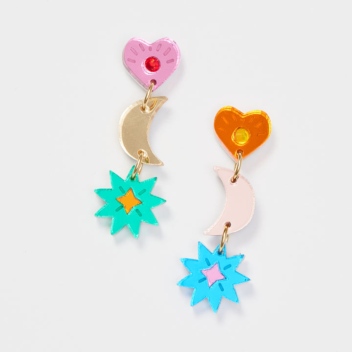 Earrings with a heart stud, a moon and a star in rainbow colours