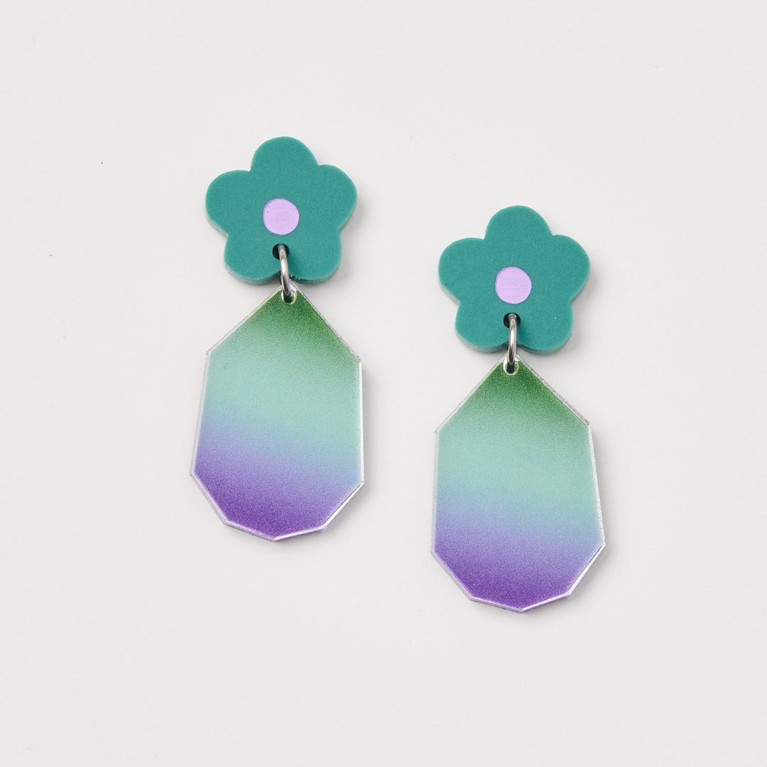 Ombre Daisy Drop Earrings - Green Purple