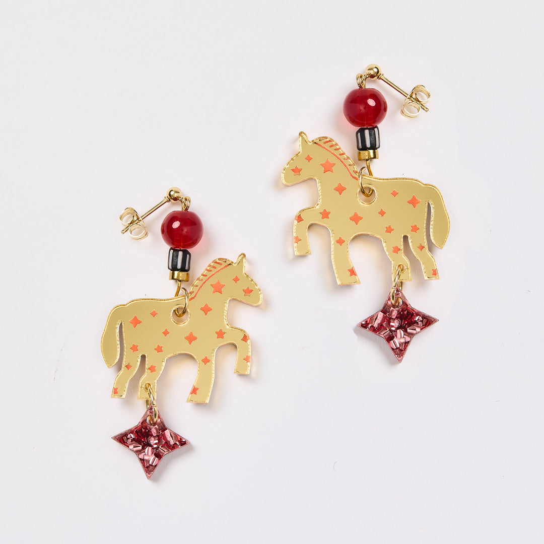 Gold horse earrings with stars and beads