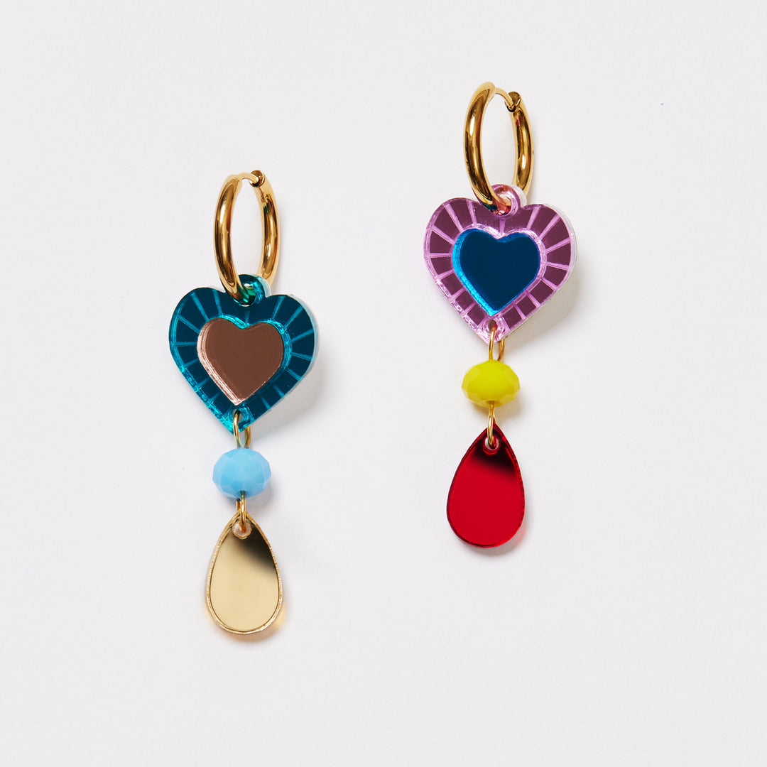 Heart and Bead Earrings - Rainbow